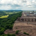 Contrast between lush nature and industrial decay due to climate.