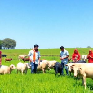 Rural community members working together in a vibrant farm.