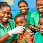 Healthcare workers vaccinating children in Ethiopia.