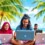 Diverse digital nomads working on laptops by the beach.