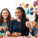Young women crocheting with colorful yarn and finished items.