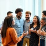 Diverse group discussing in a vibrant modern setting.