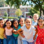 Children of different backgrounds playing together in a park.