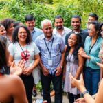 Diverse global health advocates discussing HIV awareness outdoors.