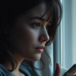 A woman looking out a window with deep contemplation.