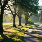 Tranquil landscape with sunlight filtering through trees.