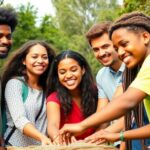 Diverse youth collaborating outdoors in a vibrant atmosphere.