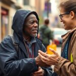 Outreach worker and homeless person interact in urban setting.