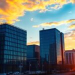 EU headquarters at sunset with modern architecture.