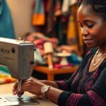 Woman sewing at a machine with bright fabrics around her.