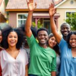 Diverse group celebrating homeownership in front of new houses.