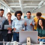 Diverse NGO professionals collaborating in a modern office.