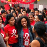 Diverse group of people gathered in red attire for awareness.