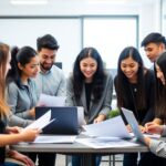 Students working together in a bright office setting.
