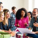 Diverse people collaborating in a lively fundraising meeting.