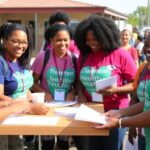 Volunteers assisting community members at a health event.