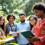 Diverse group collaborating outdoors on sustainable development projects.