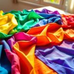 Colorful recycled fabric swatches on a wooden table.