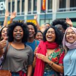 Diverse people celebrating in a vibrant urban city.