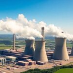 Coal power plant with smokestacks against green landscape.