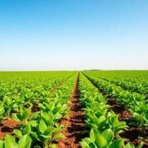 Vibrant agricultural field with healthy green crops and sky.