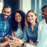 Diverse leaders collaborating in a modern office environment.