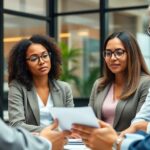Diverse legal experts engaged in discussion in modern office.