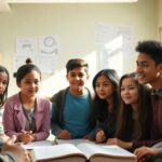 Diverse young scholars collaborating in a bright, inviting space.