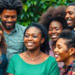 Diverse people discussing community advocacy in a lush setting.