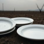 Empty plates in a barren landscape illustrating global hunger.