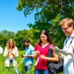 Researchers in nature collecting environmental samples together.