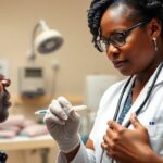 Healthcare worker conducting an HIV test in a clinic.