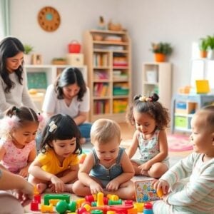 Children playing together in a bright, colorful childcare setting.