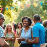 Diverse community members engaging in lively outdoor gathering.