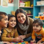 Caregiver with smiling children in a therapy room.