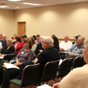 Community members discussing new hospital progress at meeting.