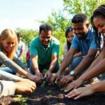 Diverse people working together in a community garden.