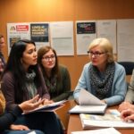 Diverse educators discussing in a classroom setting.