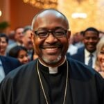 Bishop Paride Taban smiling with a diverse group of people.