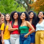 Diverse young women smiling together in a sunny outdoor setting.
