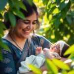 Manisha Bogati holding her newborn in Nepalese landscape.
