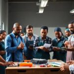 Diverse workers collaborating in a training session.
