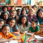 Teachers and students interacting in a lively classroom.