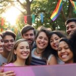 Diverse group of people celebrating in a sunny park.