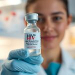 Healthcare professional holding vial of HIV medication in lab.