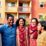 Diverse group of people in front of a housing complex.