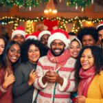 Diverse group celebrating together in festive holiday attire.