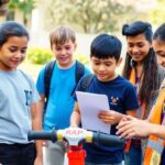 Diverse youth engaged in road safety workshop outdoors.