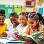 Diverse girls in a classroom actively participating in learning.