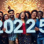 Group celebrating New Year with confetti and fireworks.